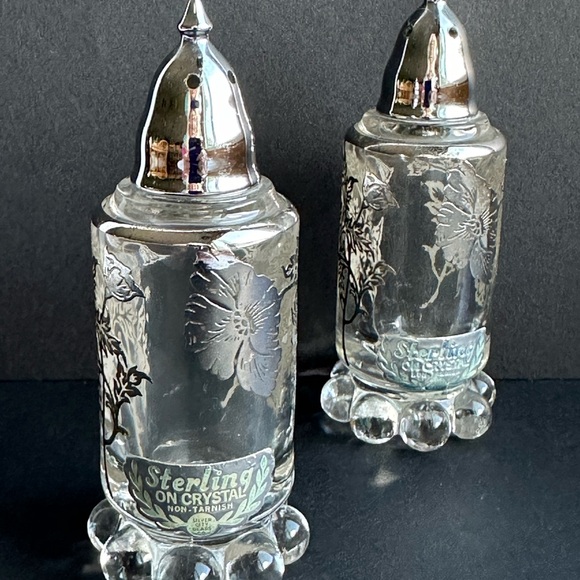 VTG Sterling Silver on Crystal Salt & Pepper Flanders Poppy Flowers 4”H - Picture 6 of 7